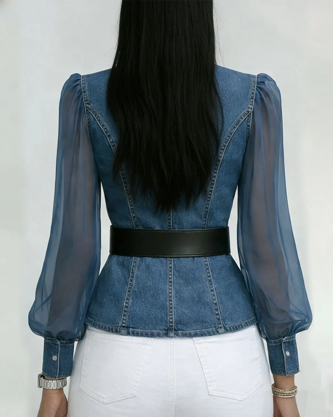 Lucille | Belted Sheer-Sleeve Peplum Top