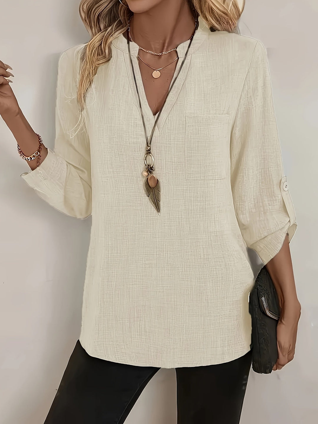 Isabel | Refined V-Neck Roll-Sleeve Top