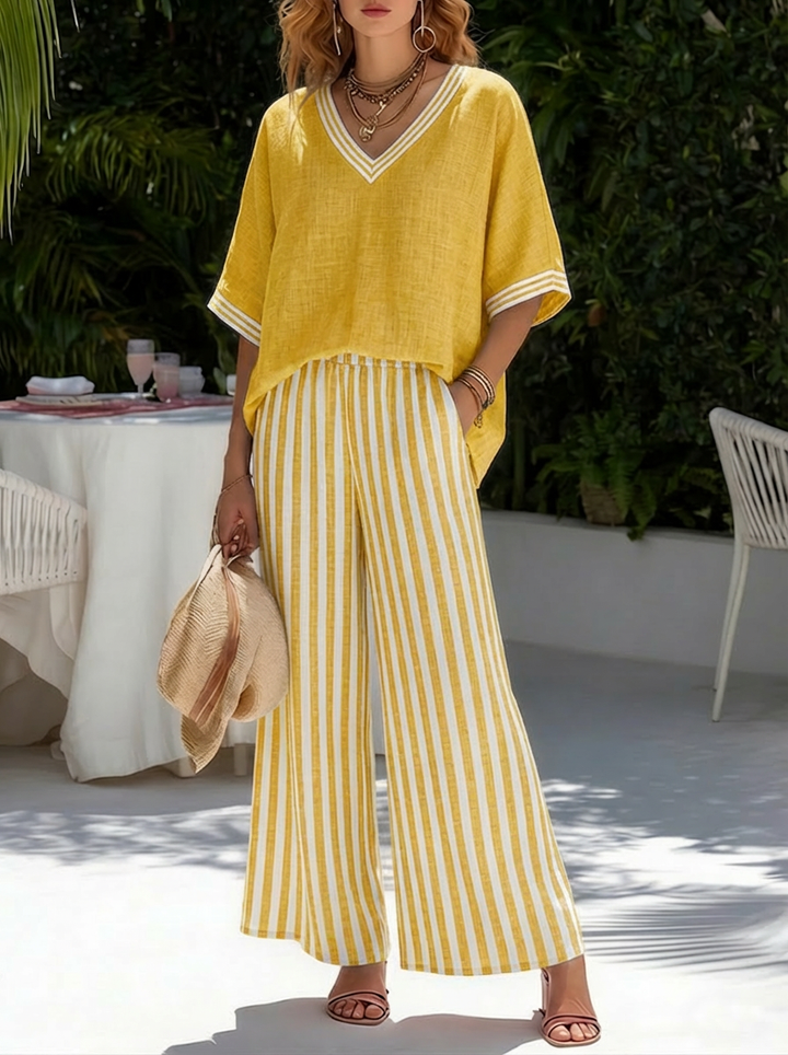 Beverly | Stylish V-Neck and Stripe Pants Set