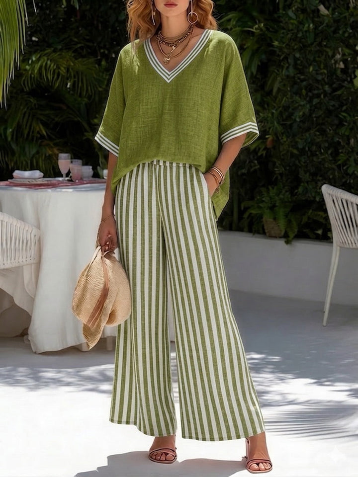 Beverly | Stylish V-Neck and Stripe Pants Set
